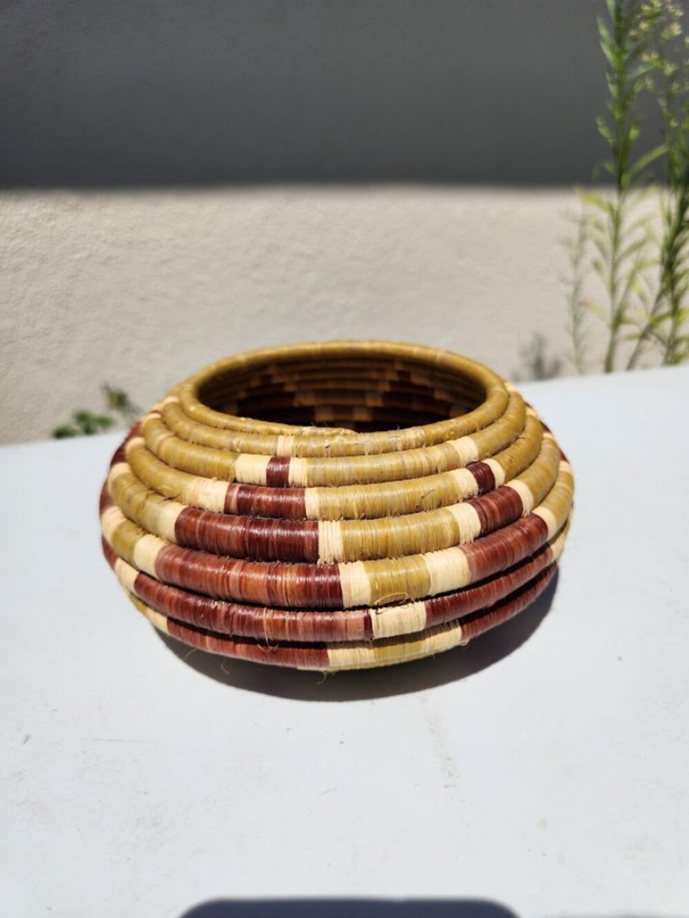 Vintage handwoven coiled basket woven with Geometric Pattern Africa Bohemian Afr